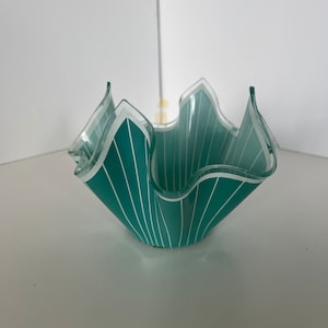 Vintage 1960&#39;s Chance Bros Cordon Handkerchief Vase in Aqua and White-Glass-Vintage Glass-MCM-Made in England-Aqua Glass-Retro Kitsch