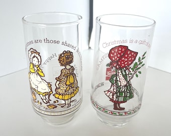 Set of 2 Vintage Holly Hobbie Glasses: Coca-Cola 1970s Christmas Drinkware