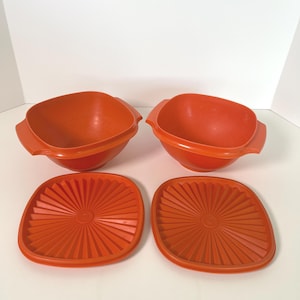 Set of 2 Vintage Burnt Orange Tupperware Servalier Bowls with lids/#838 & #839/1970s kitchen/retro kitchen/Square container/plastic storage