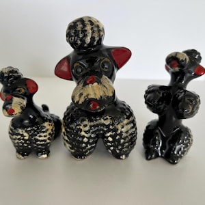 Set of 3 Vintage Black & White Poodle Redware Figurines/Made in Japan/Mid Century Kitsch/Retro home decor/Collectible Poodle family/VTG/MCM