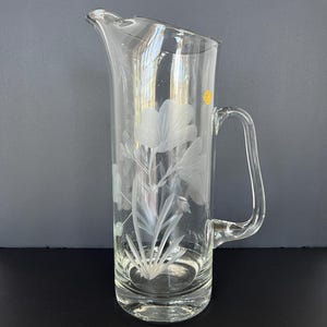 Elegant 11&#39;&#39; crystal floral etched water pitcher with original foil sticker, made in Romania/retro kitchen/Tall and heavy/vintage dishes