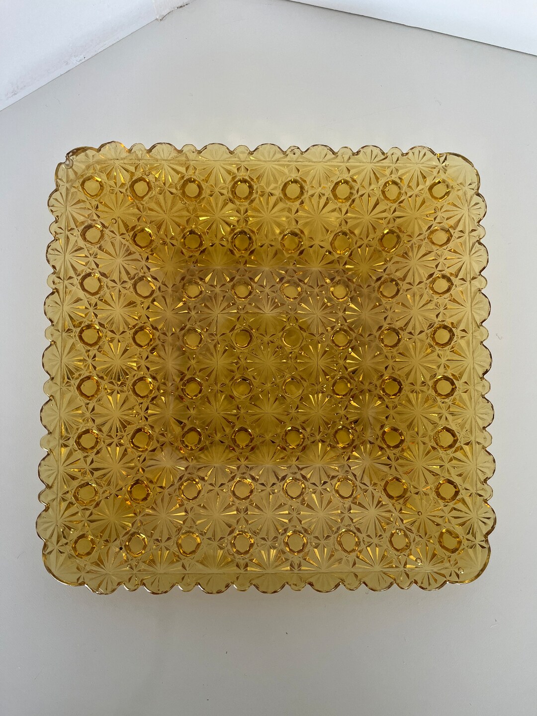 Vintage Daisy & Button Amber Glass Square Salad Plate by Wright Glass Lg/colored Glassware