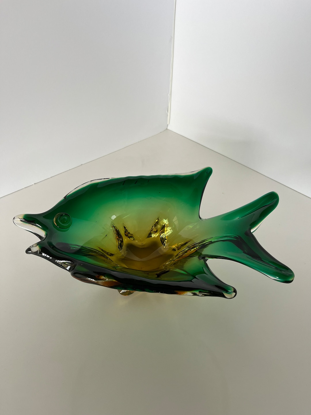 Vintage Murano Glass Fish Bowl/green & Amber Art Glass Bowl/midcentury