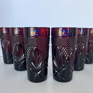 Set of 6 NEW Luminarc &quot;Antique&quot; Ruby 6.25&#39;&#39; coolers with original sticker/Red Luminarc Glasses/vintage drinkware/tumblers/Made in France/NOS