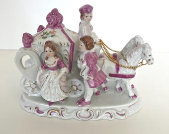 Vintage Porcelain Victorian Carriage Figurine: Pink, White, Gold Accents, Fairytale Decor