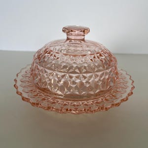 Vintage Pink depression glass covered butter dish by Jeannette in the Holiday "buttons and bows pattern"/domed pink butter dish/VTG Kitchen