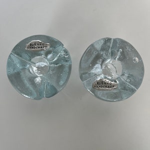Pair of Blenko clear glass candlestick holders/Vintage Blenko Textured Crystal Art Glass/Triangle Tripod Candle Stick Holders/w foil sticker