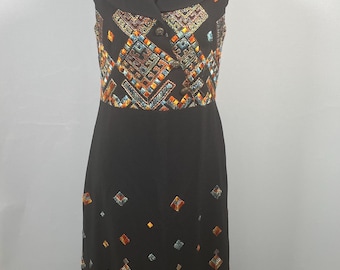 Vintage 1960s black embroidered maxi dress/women's size 8/retro clothing/metallic/vintage clothes/1960s dress/retro dress/sleeveless/HTF