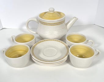 9 piece Vintage FRANCISCAN earthenware Hacienda Gold USA-Teaset/MCM/Vintage dishware/Yellow geometric rim/speckled earthenware/Retro Kitchen