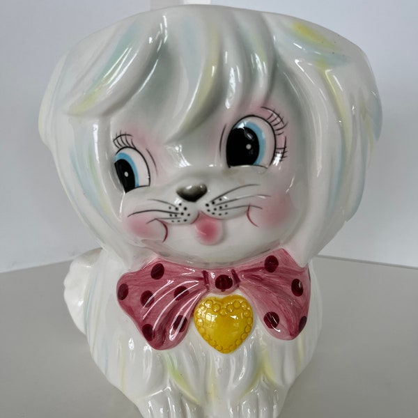 Vintage RARE LEFTON pink bow Mr. Toodles cookie jar no lid/#3236/1960s/Maltese/Lefton Cookie Jar/Vintage Cookie/Dog Cookie Jar/Made in Japan