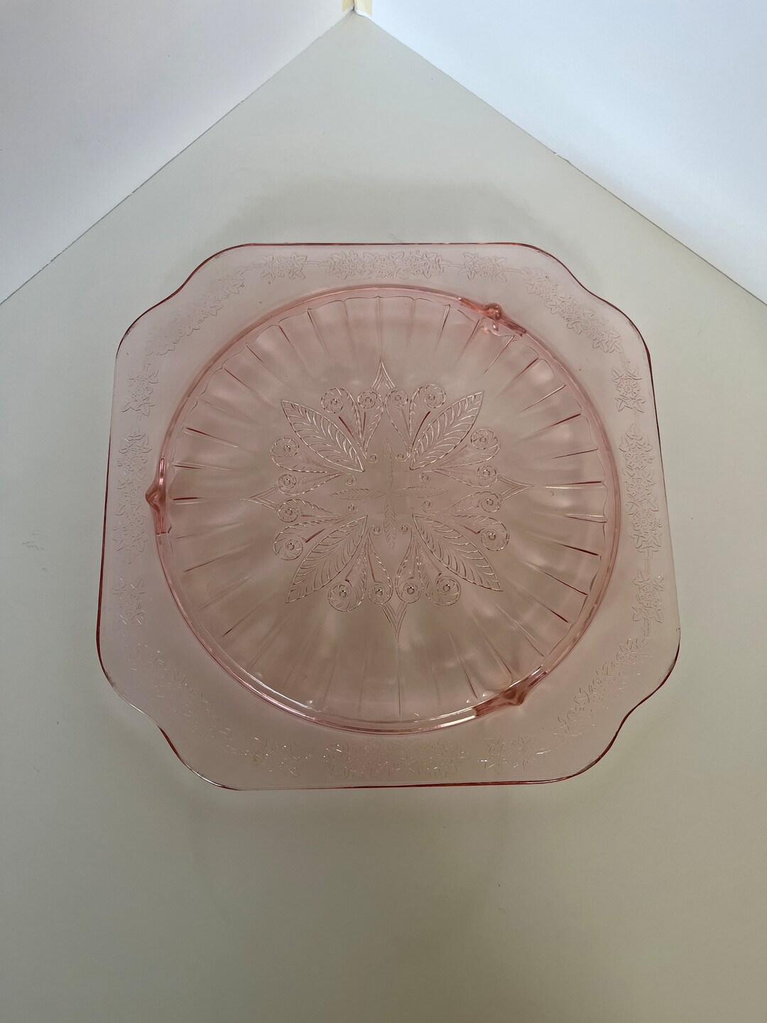 1930s Pink Depression Glass Square Footed Cake Plate Made by Adam Patternvintage