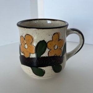 Vintage Stoneware Flower Mug/Hand Cast Genuine Stoneware Speckled/Hand Painted/Floral Mug/ Retro Floral Kitchen Decor/1970s kitchen/RARE/VTG