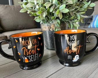 Halloween Coffee Mug Set – 'Treat Yo Self' & 'Haunt It' Vintage Decor
