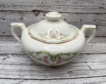 Vintage Floral Sugar Bowl, Pink Roses and Gold Trim
