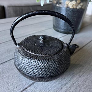 May include: A small, black cast iron teapot with a textured surface and a curved handle. The teapot has a lid with a small knob and a spout for pouring. The overall design is simple and functional.