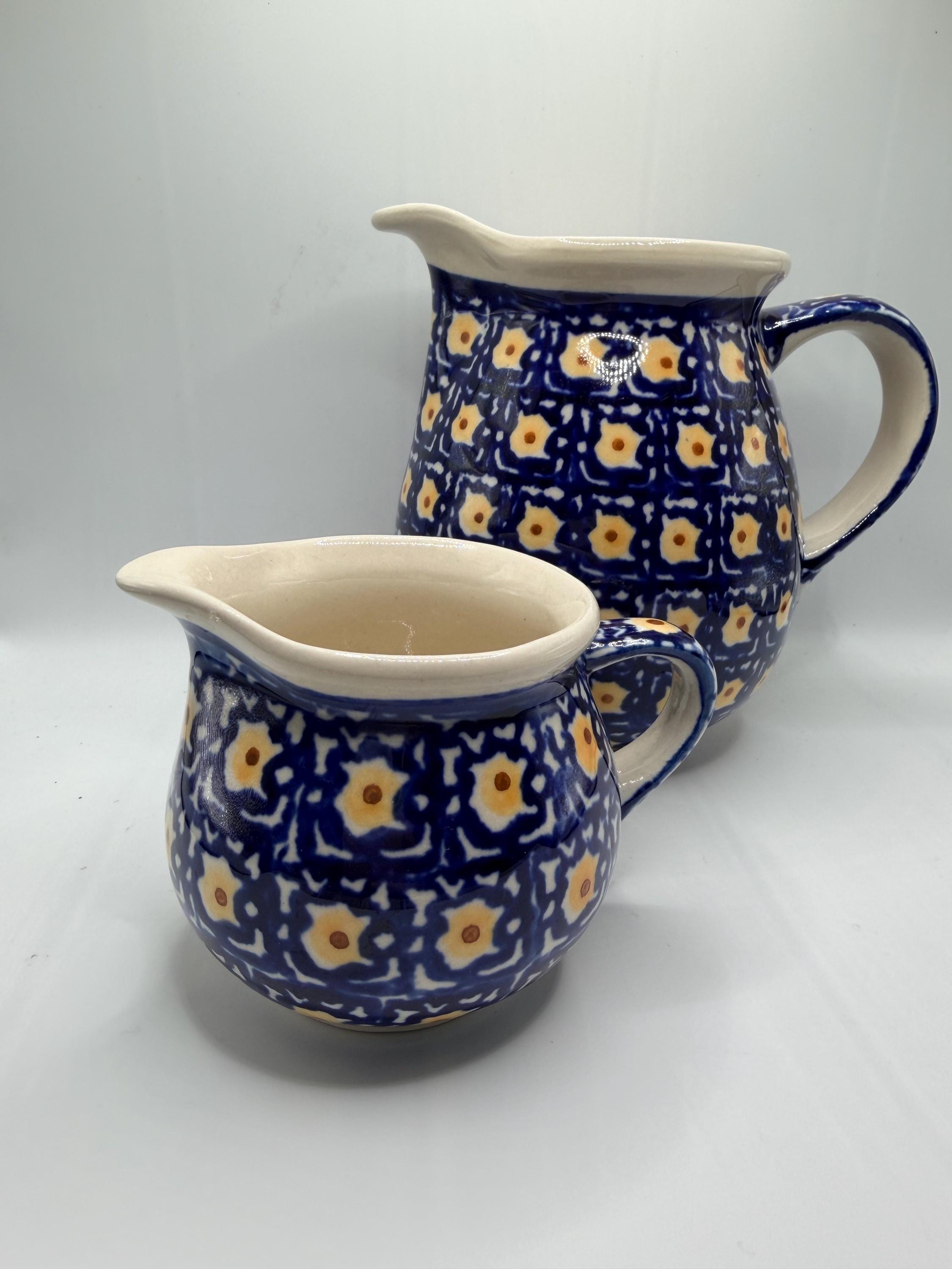 Boleslawiec Polish Pottery Pitcher Creamer Set - Blue Yellow Daisy