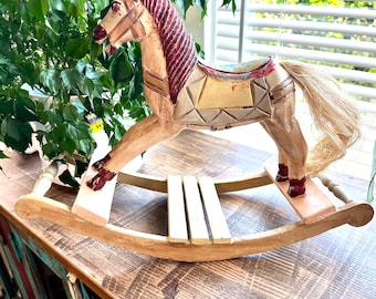 Antique wooden Toy Rocking Horse MCM Hand painted solid wood rocking horse