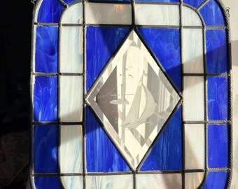 Vintage Stained Glass Sun Catcher, Large Blue Borders Sailboat Lighthouse Etched Glass Wall Hanging