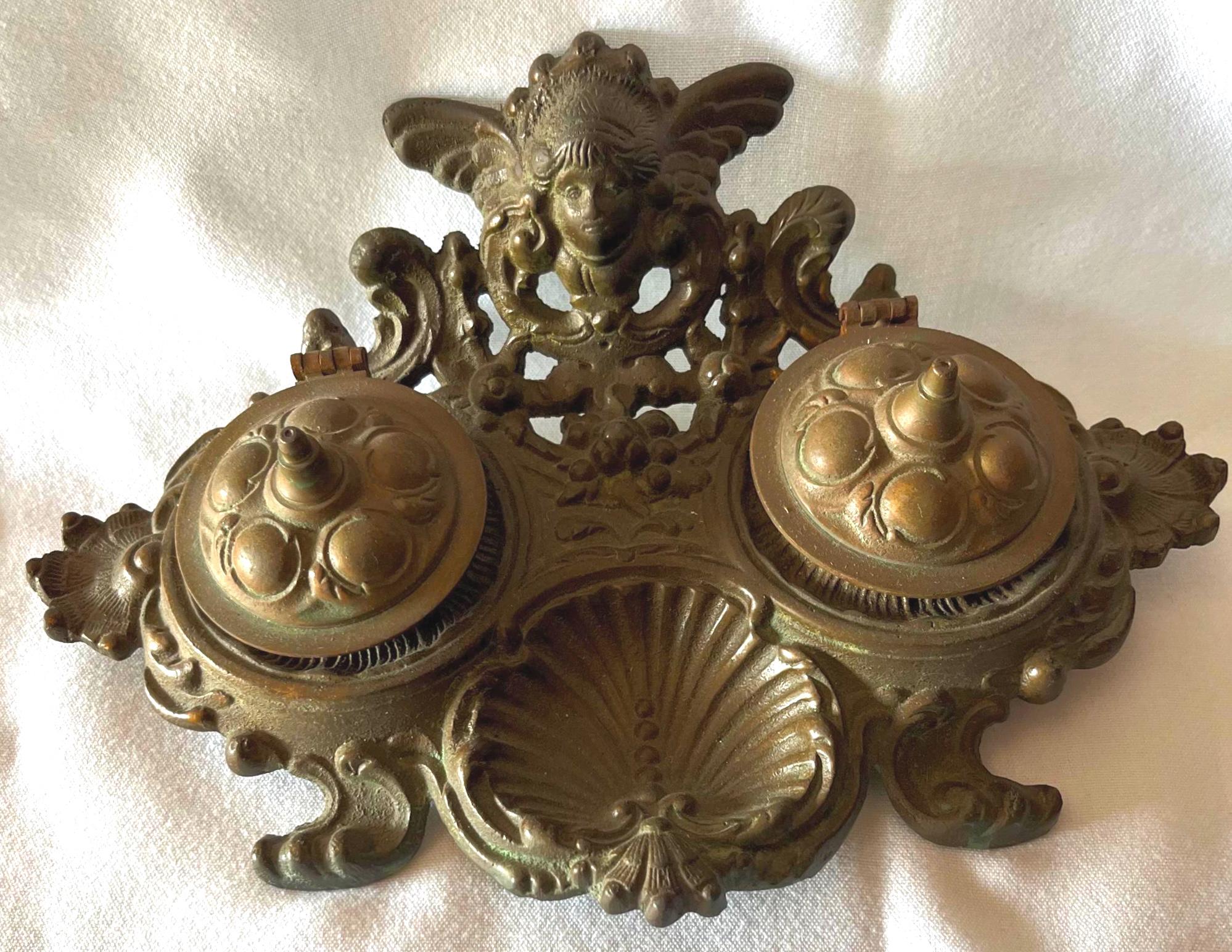 Brass Inkwell/Pen Holder exquisite Brass Ornate Cherubim Face Home Decor MCM Home decor