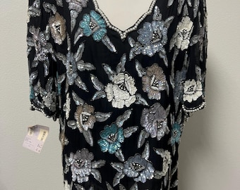 Vintage Laurence Kazar Sequin Beaded Colorful Flower Silk Black Formal women’s Top Size 2XL