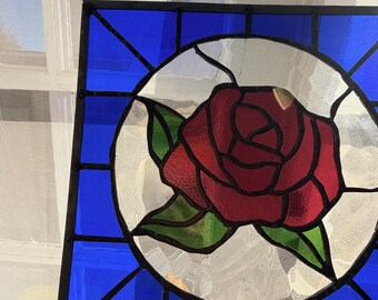 Vintage Stained Glass Sun Catcher, Large Red Rose Blue Borders Wall Hanging