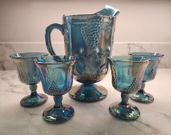 Vintage Blue Imperial Carnival Glass Pitcher and Goblets Set – Baroque Grape Pattern