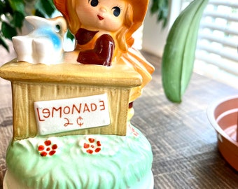 Vintage Fred Roberts Ceramic LEMONADE 2 CENTS Music Box Figurine Japan