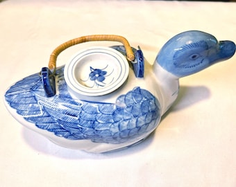Vintage Tea Pot White and Blue Hand Painted Duck bamboo handle