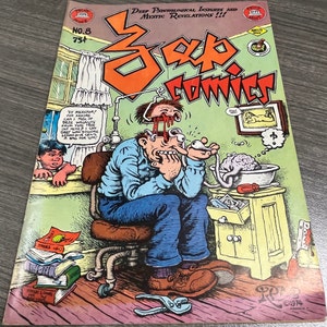 May include: A comic book cover with a cartoon illustration of a man with a brain in a sink. The cover is titled "Scab Comics" and features the text "Deep Psychological Insights and Mystic Revelations!!!" The comic book is number 8 and costs 75 cents.