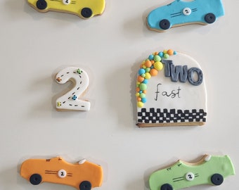 Race car fondant cookies, race car birthday, ready set go toppers, ready set go birthday, two fast cookies, car cookies, number cookie