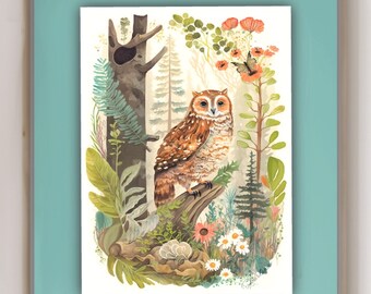 Owl Art Print, Woodland Animal Nursery Wall Art, Nature Decor, Baby shower Newborn Gift, Wild Animal Wall Art, Horned Owl, Cottagecore Art