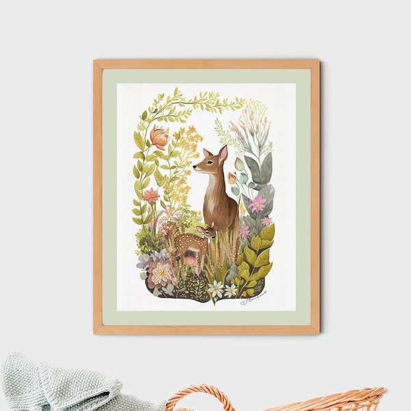 Baby Deer in Forest Painting, Woodland Nature Garden Animal Print, Nursery Wall Decor, Newborn Gift, Children Room Art, Baby Animal Print