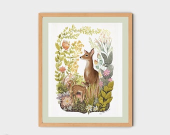 Baby Deer in Forest Painting, Woodland Nature Garden Animal Print, Nursery Wall Decor, Newborn Gift, Children Room Art, Baby Animal Print