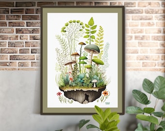 Whimsical Mushrooms in Woodland Forest Art Print, Sweet Enchanted Forest Nursery Wall Decor, Plant Life, Boho Style, Gift for Him or Her