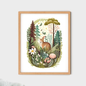 Woodland Nursery Print, Bunny Rabbit in Forest Art, Childs Room Wall Decor, Baby Animal Print, Nursery Wall Art, Baby Shower Newborn Gift