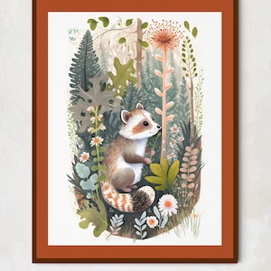 Woodland Nursery Print, Raccoon Red Panda in Forest, Childs Room Wall Decor, Baby Animal Print, Nursery Wall Art, Baby Shower Newborn Gift