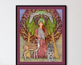 Bohemian Woman, Wild Animals, Magical Forest Art Print Wall Decor, Wolf Deer Owl Chimney Swift Luna Moth Mystical Feminist Goddess Art
