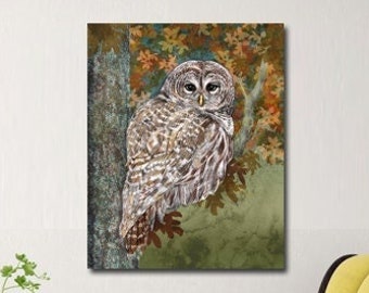 Barred Owl in Forest Wall Decor Stretched Canvas - Hand drawn art quality reproduction - Owl in Tree Gouache Painting - Living Room Office