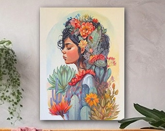 Keep Growing Wall Canvas Botanical Portrait, Feminist Hispanic Art, Kahlo Modern Art Plant Lady, Gift for Women or Birthday, Office Decor