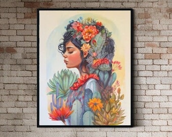 Original Hand-painted Canvas Botanical Portrait, Feminist Ethnic Wall Art, Kahlo Modern Plant Lady, Gift for Women or Birthday, Office Decor