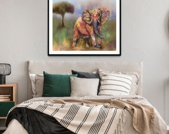 African Elephant Fine Art Print - Colorful Tattoo Elephant Giclee Reproduction - Endangered Animal Species - Wall Decor Canvas Painting