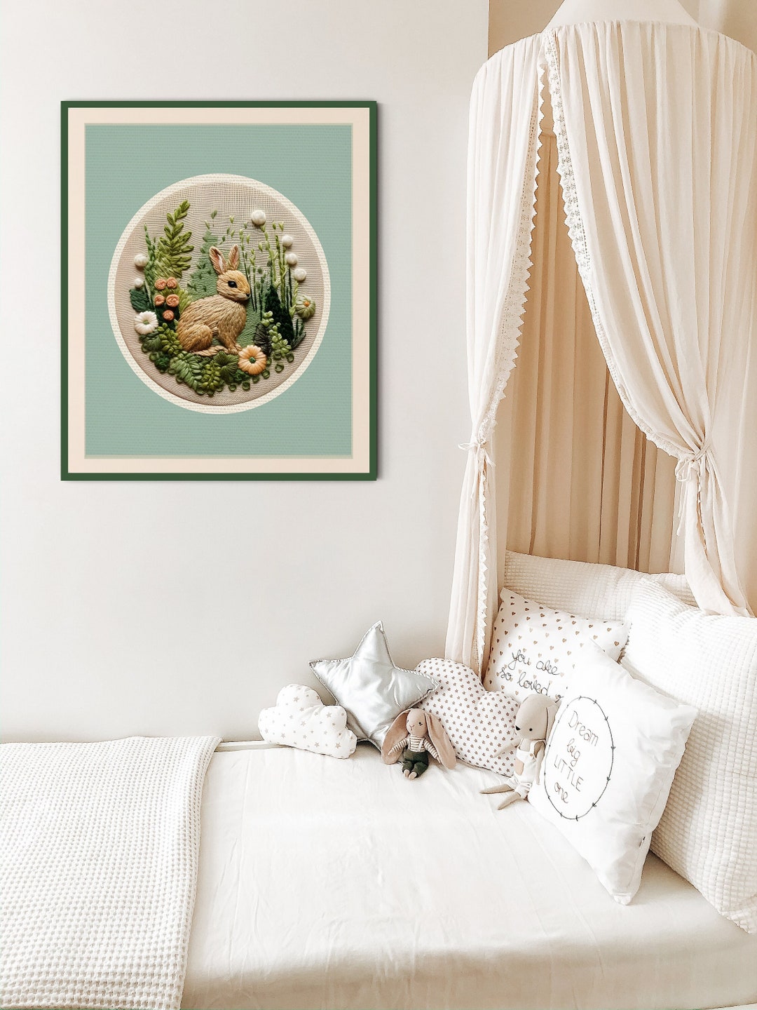 Bunny Rabbit in Garden Embroidery Reproduction Print, Childs Room Wall ...