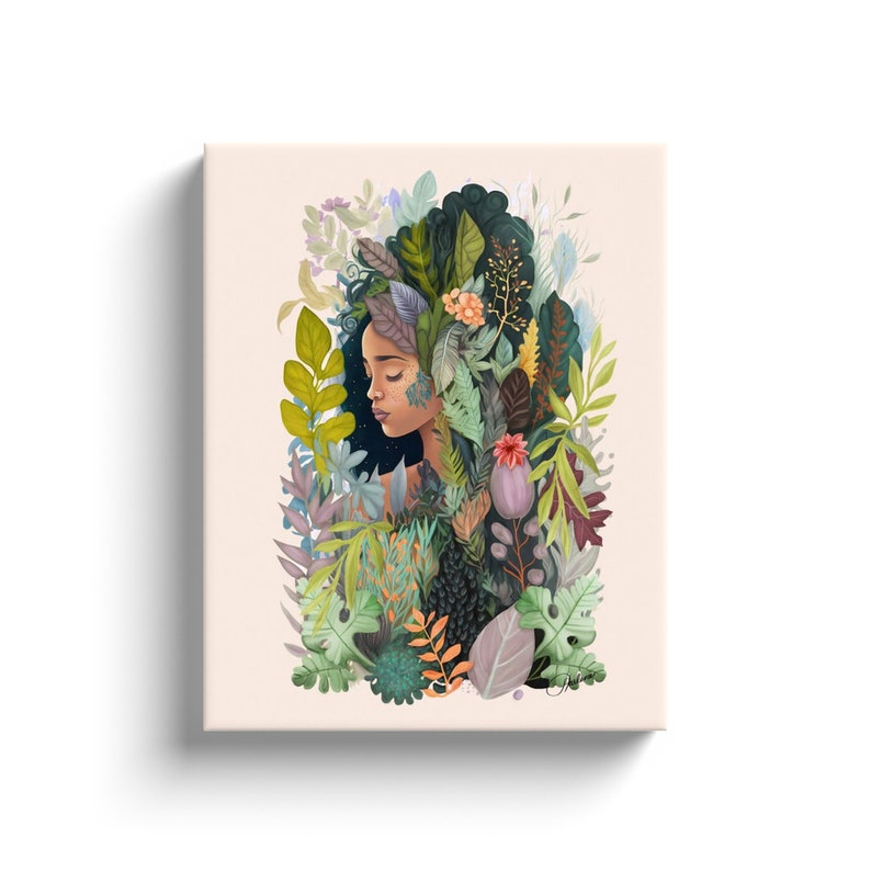 WALL CANVAS Botanical Woman Portrait, Modern Art, Floral Feminist Art, Keep Growing, Housewarming, Artsy Boho Gift for Women, Birthday Gift 16x20 inches