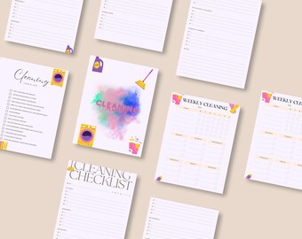 Könnte beinhalten: Ein Satz druckbarer Reinigungs-Checklisten und -Planer mit bunten Illustrationen von Reinigungsmitteln. Die Checklisten umfassen Abschnitte für tägliche, wöchentliche und monatliche Reinigungsaufgaben.