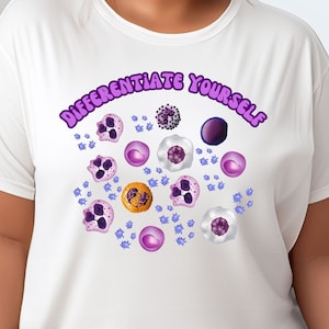 May include: White t-shirt with a purple and white graphic design that says "Differentiate Yourself". The graphic features a cluster of purple and white cells with a purple and white virus in the center.