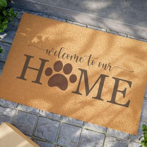 Welcome Home Doormat with Paw Print, Pet Lover Gift, Rustic Entry Rug, Housewarming Decor, Personalized Welcome Mat