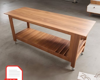 May include: A wooden kitchen island with a light brown finish. It features a large countertop, a lower shelf, and is mounted on wheels. The island has a simple, modern design and is suitable for food preparation and storage.