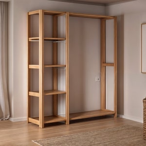 May include: A wooden closet system with shelves and a hanging rod. The closet is unfinished and ready to be assembled.