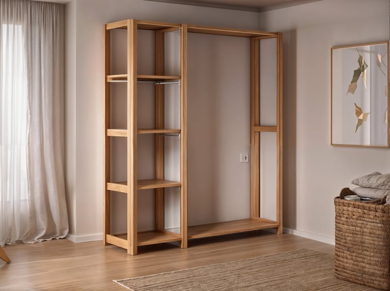 May include: A wooden closet system with shelves and a hanging rod. The closet is unfinished and ready to be assembled.