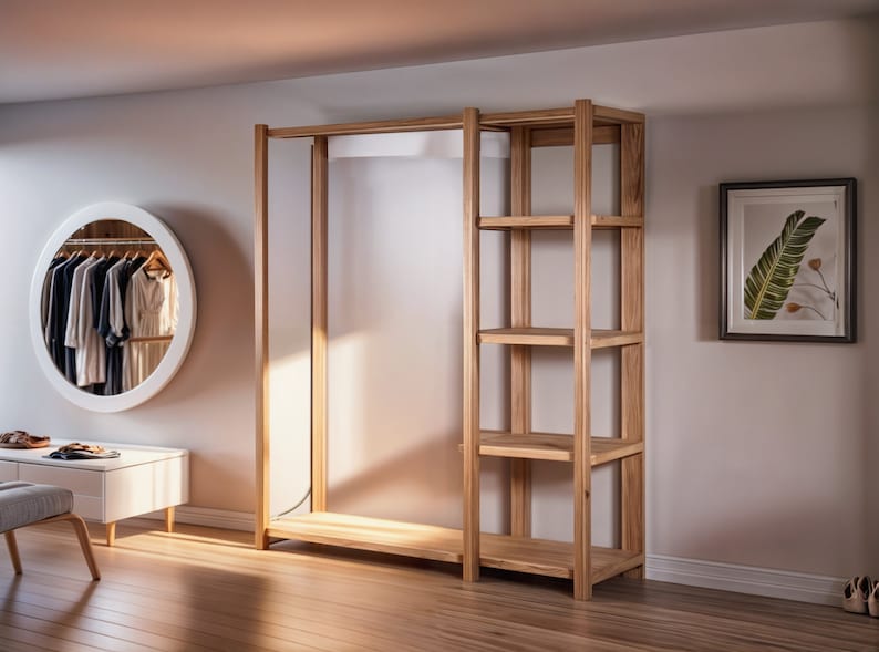 May include: A wooden clothing rack with shelves. The rack has a white background and is made of natural wood. The rack is in a room with a white wall and a round mirror.
